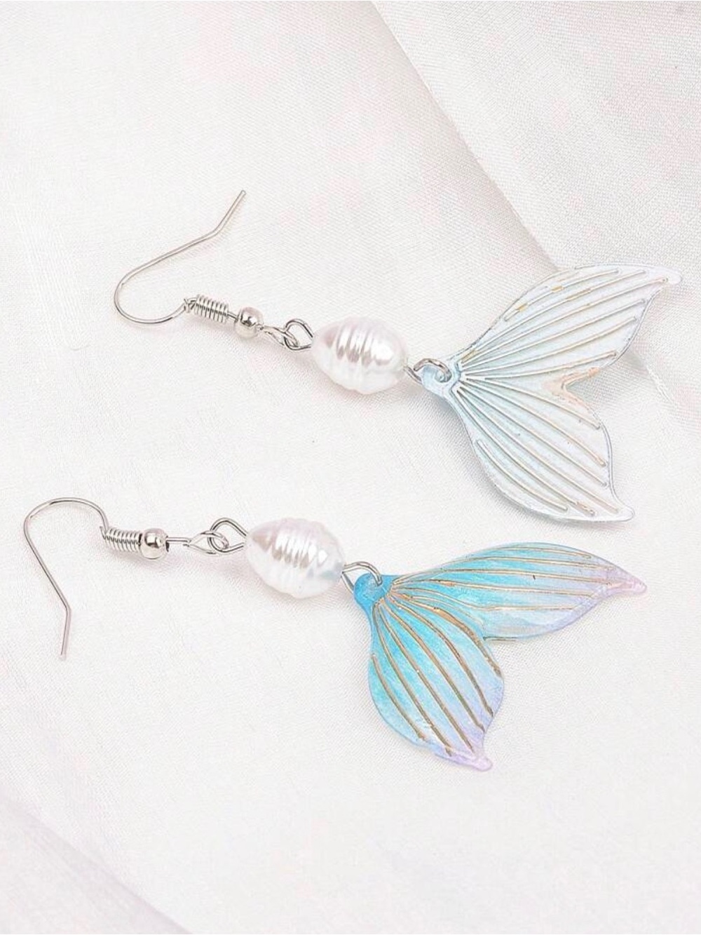 Blue Mermaid Tail Drop Earrings with Pearl Accent - Picture 4 of 7